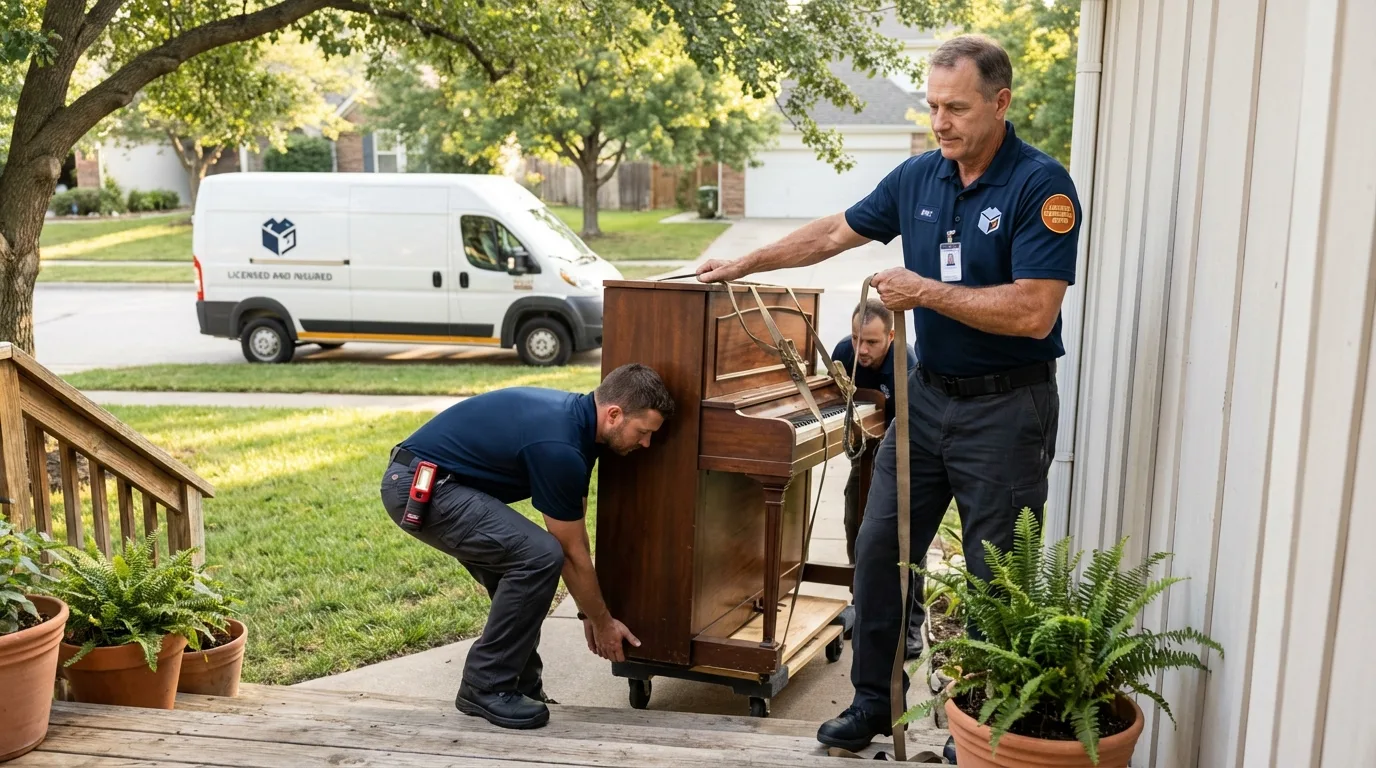 Licensed piano movers securing grand piano in Willard, MO