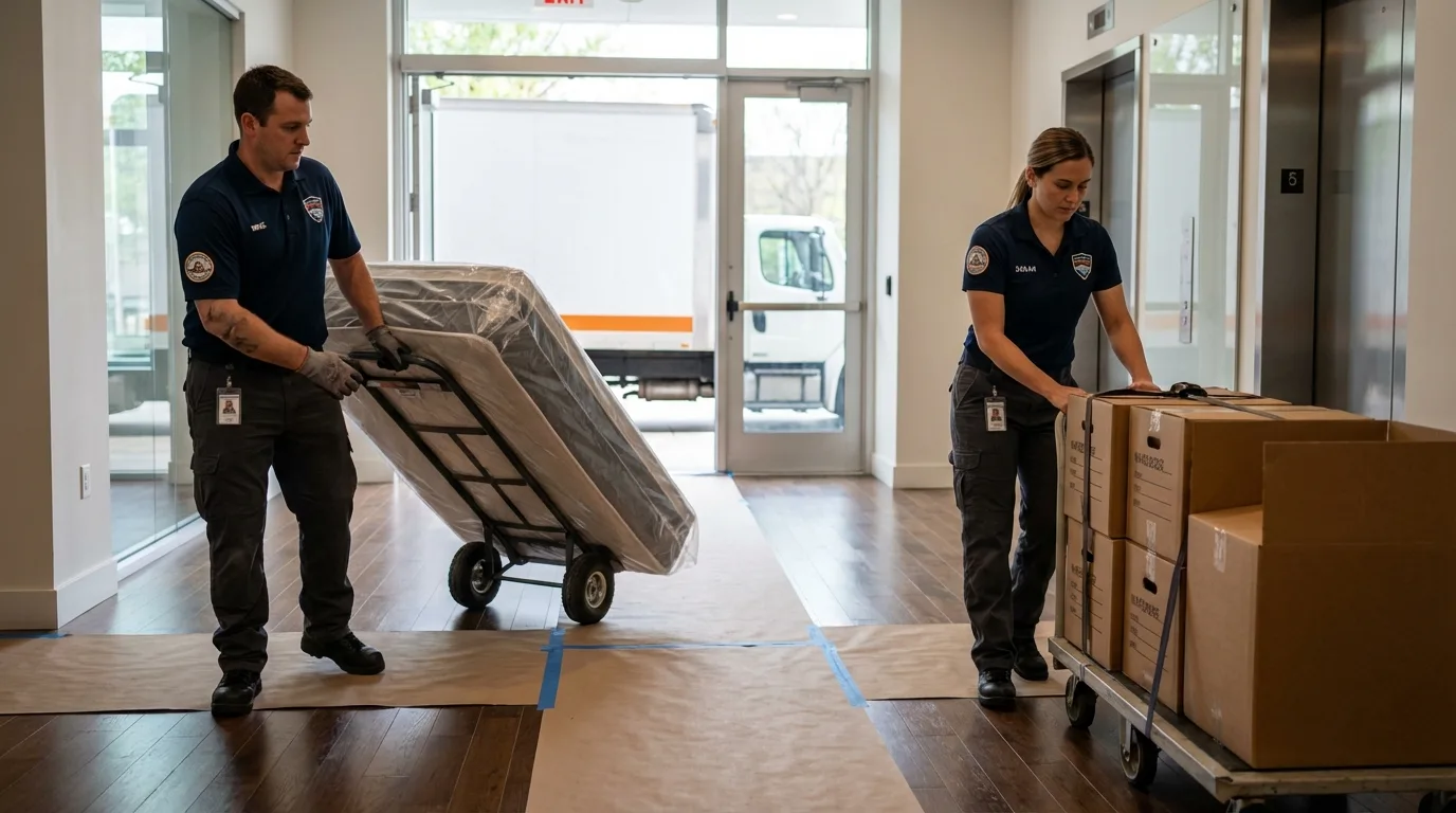 Professional apartment movers loading elevator in Willard, MO